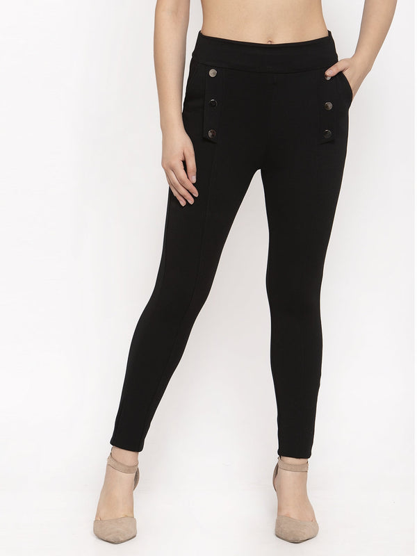 Women's Black Regular Fit Jeggings - Wahe-NOOR