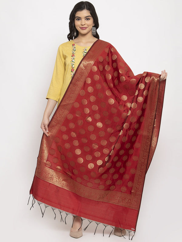 Women's Maroon & Gold Banarsi Poly Silk Dupatta - Wahe-NOOR