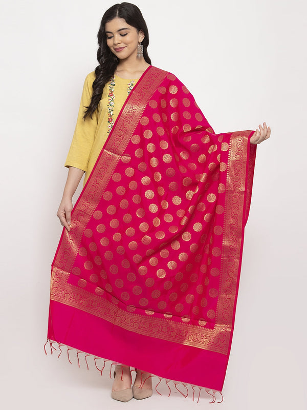 Women's Magenta & Gold Banarsi Poly Silk Dupatta - Wahe-NOOR