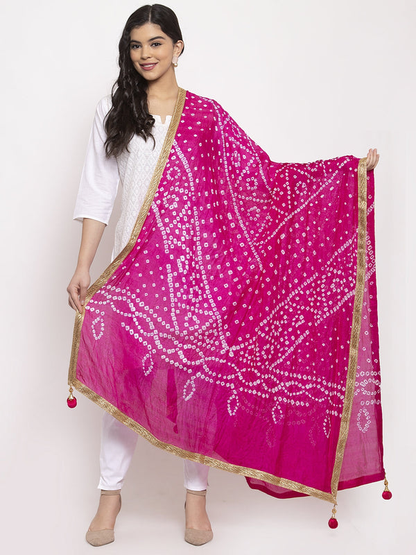 Women's Magenta Bandhani Gotta Patti Poly Silk Dupatta - Wahe-NOOR