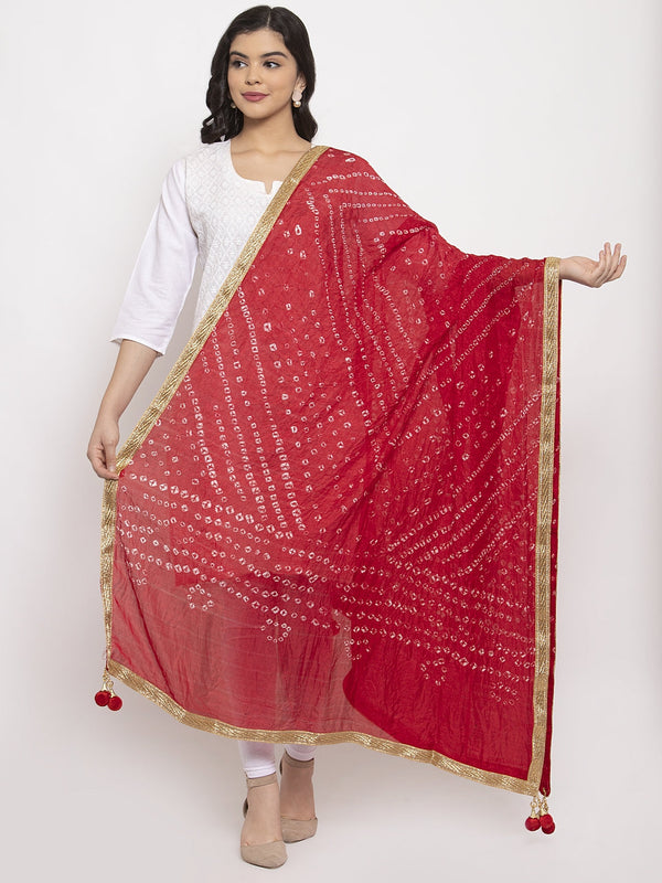 Women's Red Bandhani Gotta Patti Poly Silk Dupatta - Wahe-NOOR