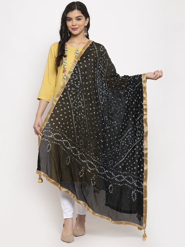 Women's Black Bandhani Gotta Patti Poly Silk Dupatta - Wahe-NOOR