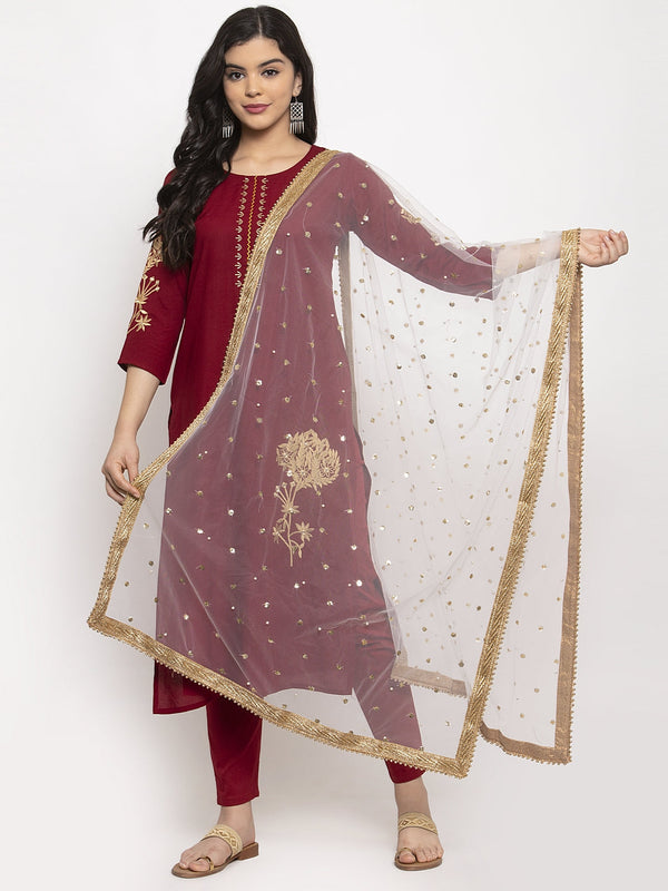 Women's White Heavy Gotta Patti Net Dupatta - Wahe-NOOR