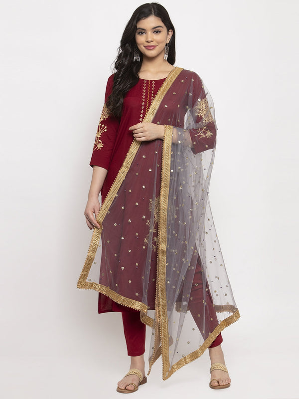 Women's Grey Heavy Gotta Patti Net Dupatta - Wahe-NOOR