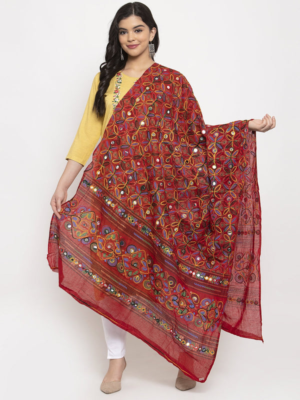 Women's Red Embroidered Dupatta - Wahe-NOOR