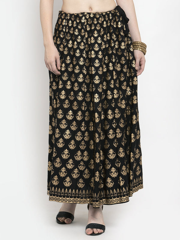 Women's Black Floral Printed Rayon Skirt - Wahe-NOOR