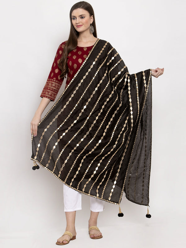 Women's Black Gotta Patti Poly Silk Dupatta - Wahe-NOOR