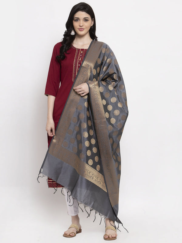 Women's Grey & Gold Banarsi Poly Silk Dupatta - Wahe-NOOR