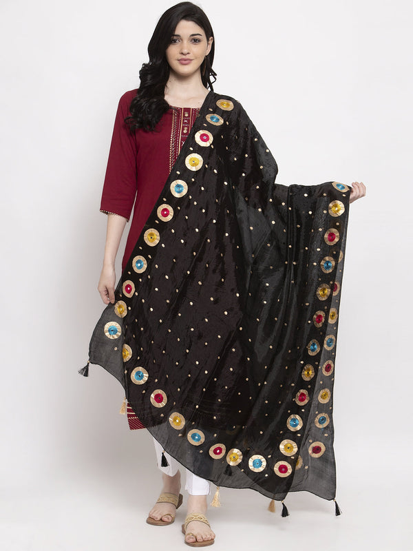 Women's Black Printed Poly Silk Dupatta - Wahe-NOOR