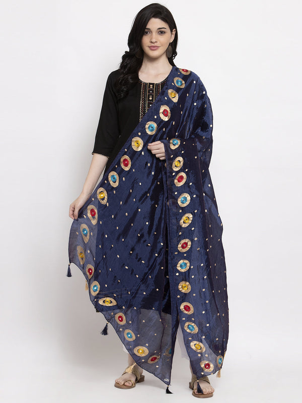 Women's Navy Blue Printed Poly Silk Dupatta - Wahe-NOOR