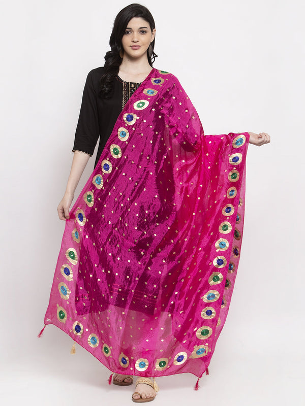 Women's Magenta Printed Poly Silk Dupatta - Wahe-NOOR