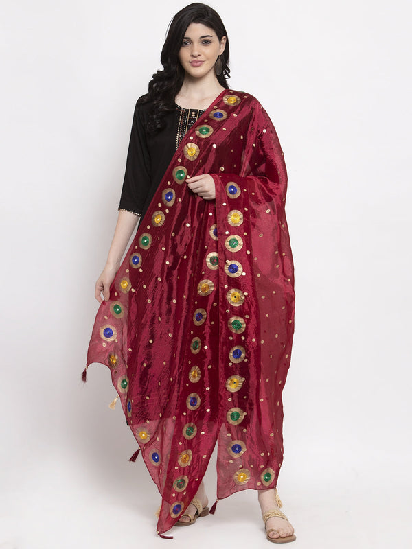 Women's Maroon Printed Poly Silk Dupatta - Wahe-NOOR