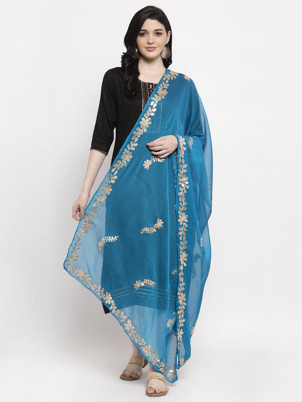 Women's Turquoise Gotta Patti Chiffon Dupatta - Wahe-NOOR