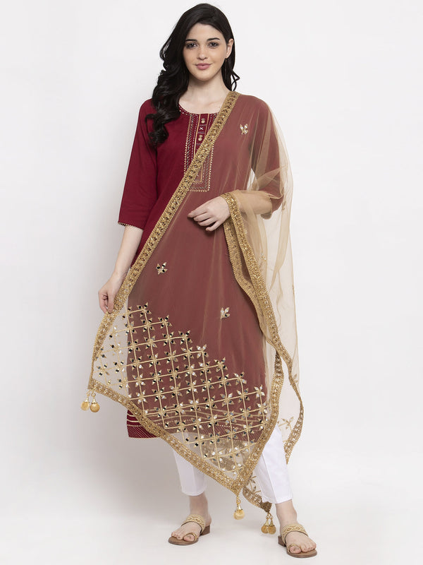 Women's Golden Heavy Mirror Work Net Dupatta - Wahe-NOOR