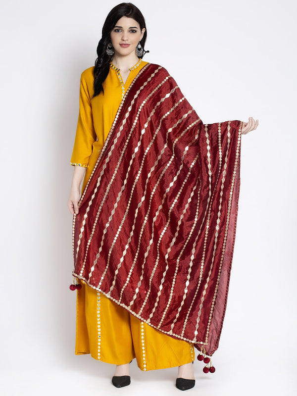 Women's Maroon Gotta Patti Poly Silk Dupatta - Wahe-NOOR