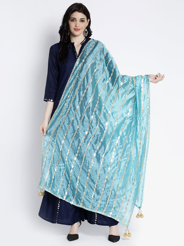 Women's Sky Blue Gotta Patti Poly Silk Dupatta - Wahe-NOOR