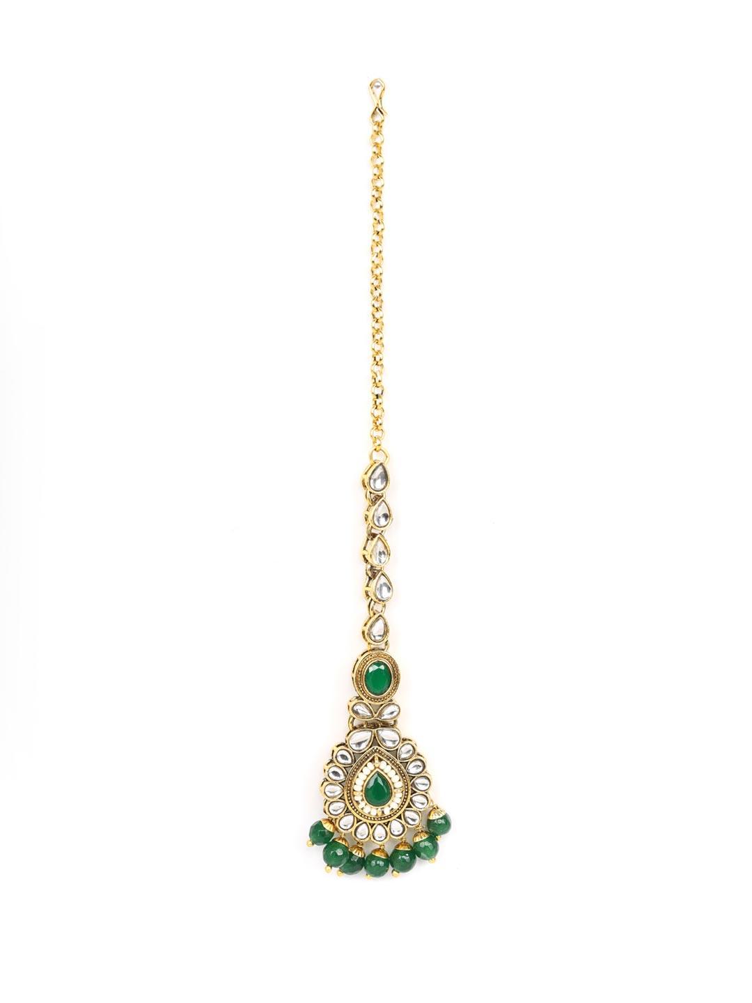 Women's Green Pearls Beads Kundan Emerald Gold Plated Choker Set with Maang Tikka - Priyaasi - Indiakreations