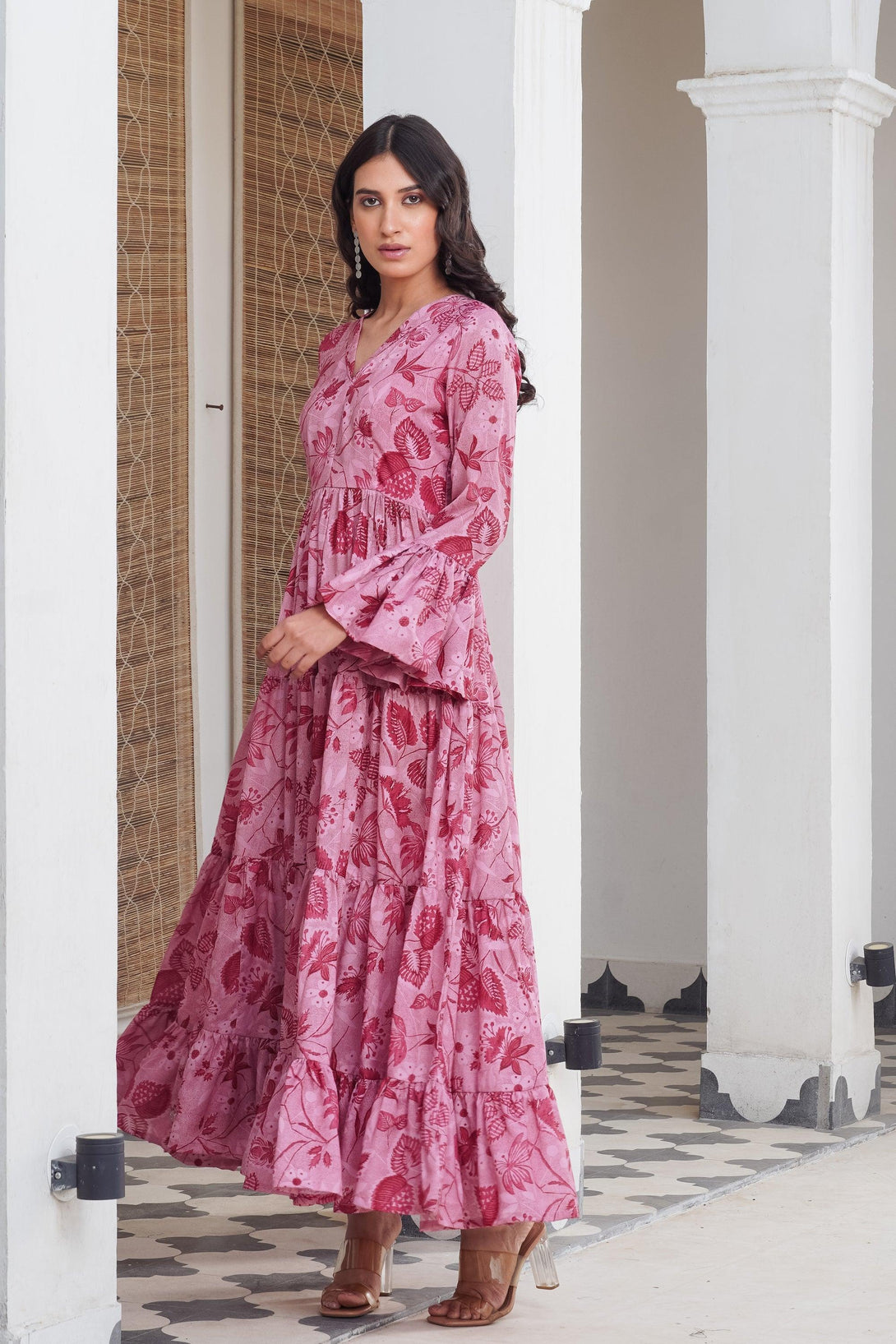 Pink floral frill Maxi - Indiakreations