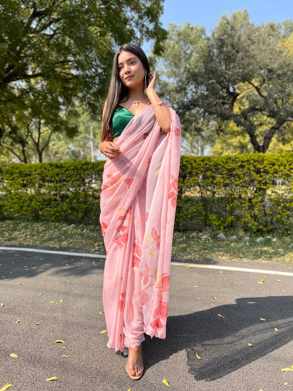 Women's Pink Foil Printed Saree - VAMSEE