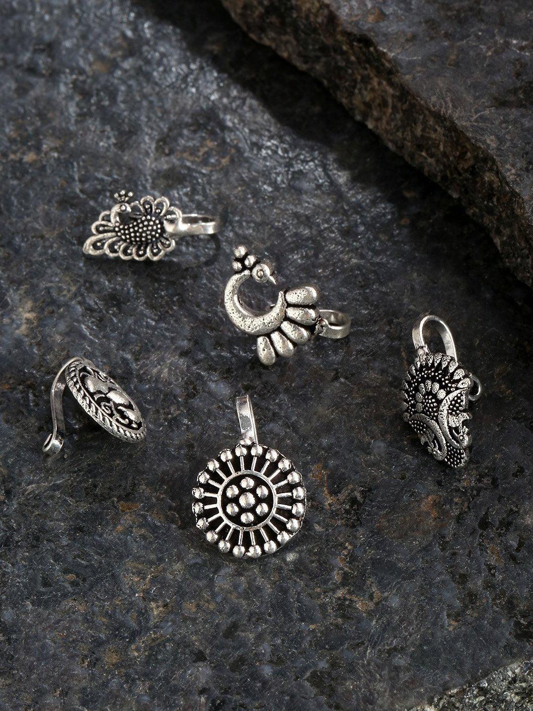 Women's Set of 5 Oxidised Silver-Plated Free Size Clip-On Nosepins - Priyaasi - Indiakreations