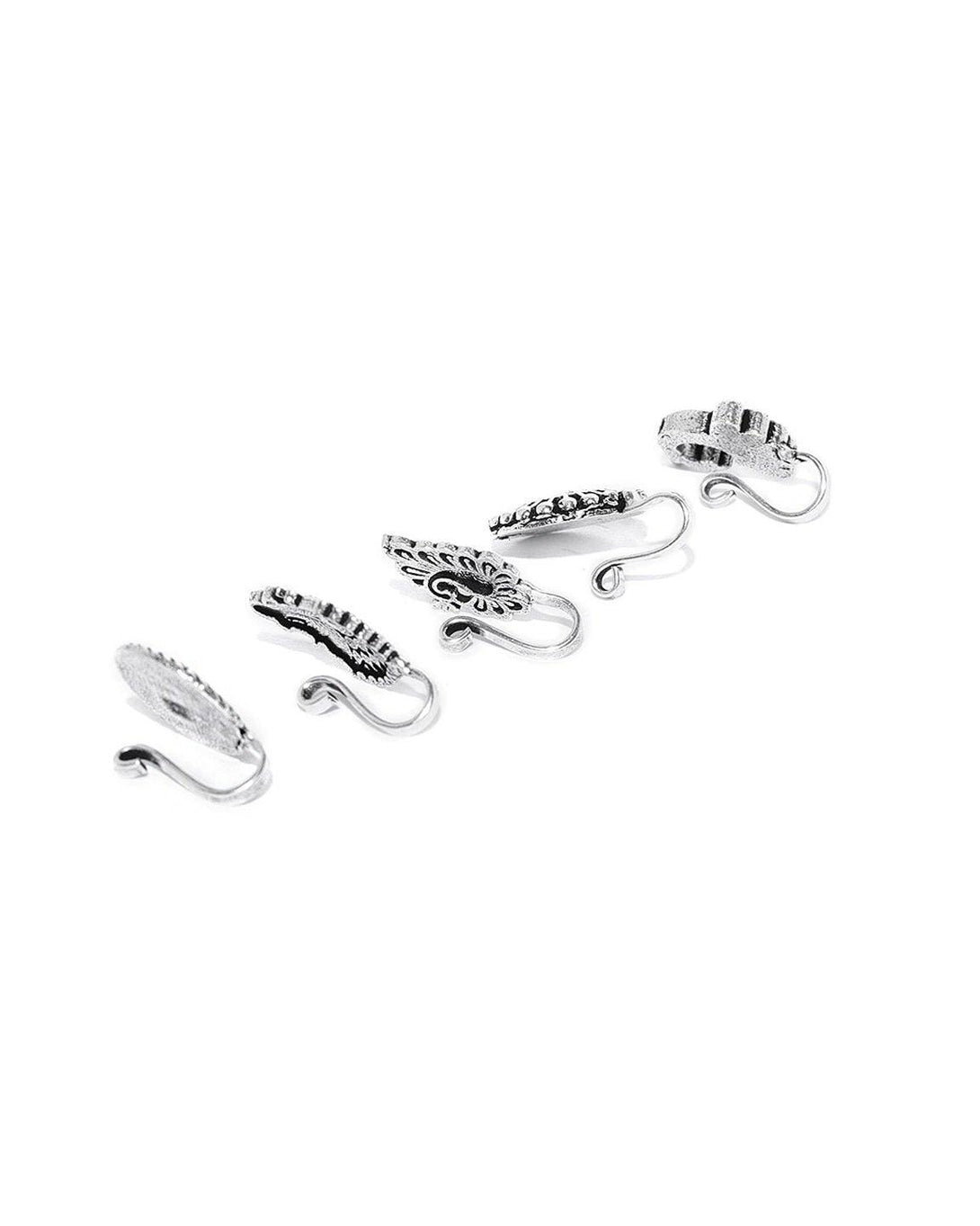 Women's Set of 5 Oxidised Silver-Plated Free Size Clip-On Nosepins - Priyaasi - Indiakreations