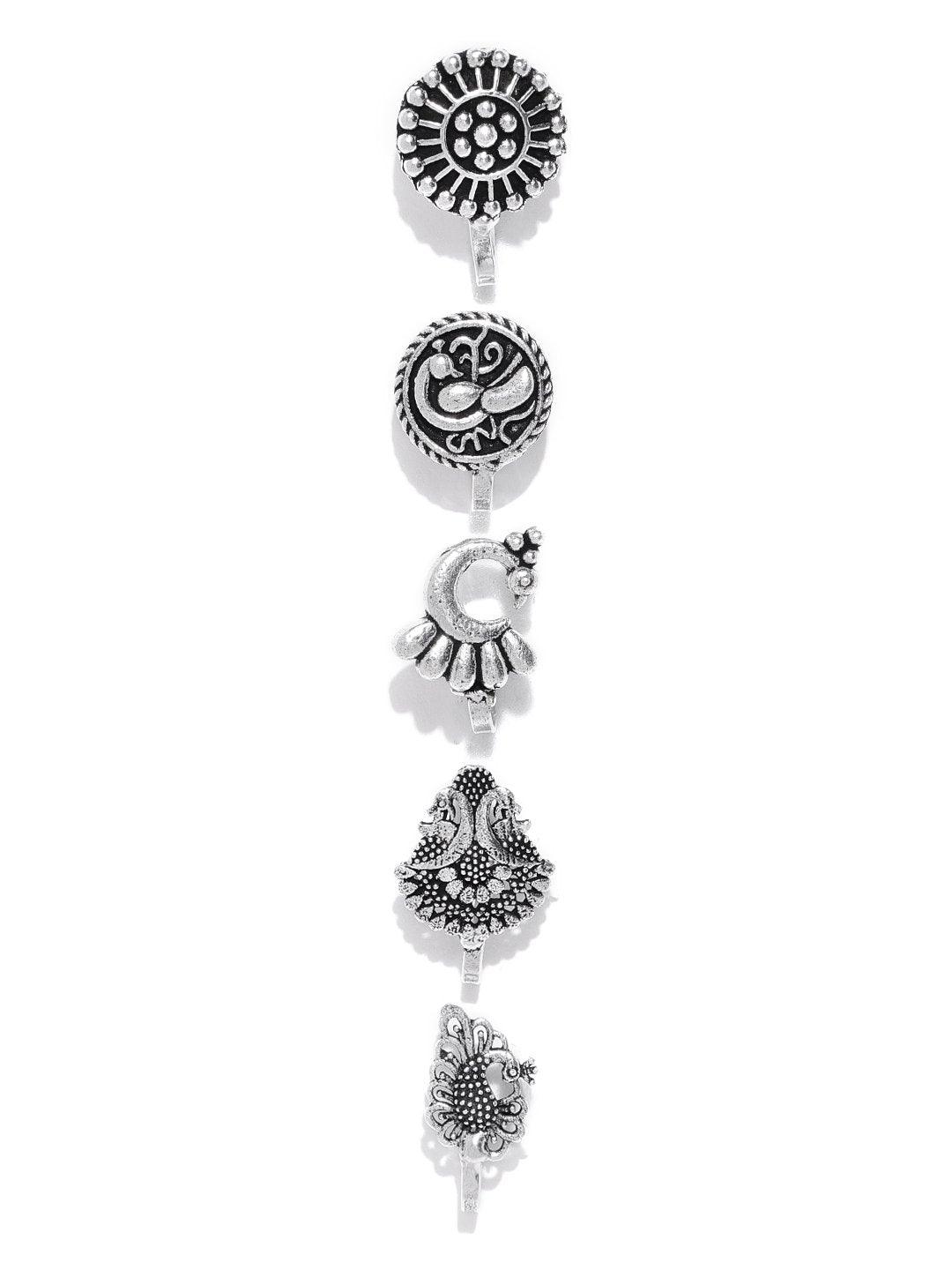 Women's Set of 5 Oxidised Silver-Plated Free Size Clip-On Nosepins - Priyaasi - Indiakreations