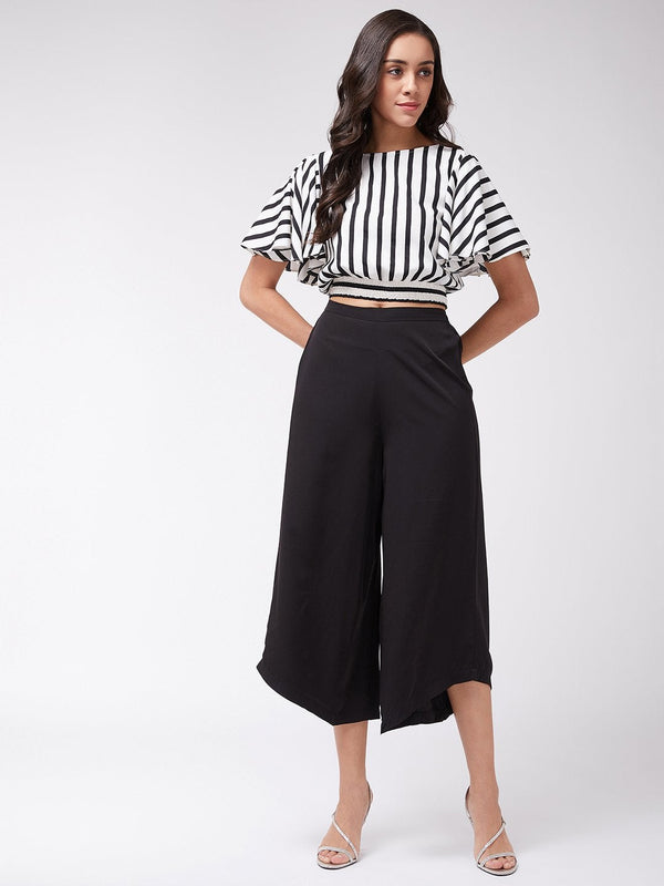 Women's Monocromatic Stripes Crop Top With Solid Pants - Pannkh