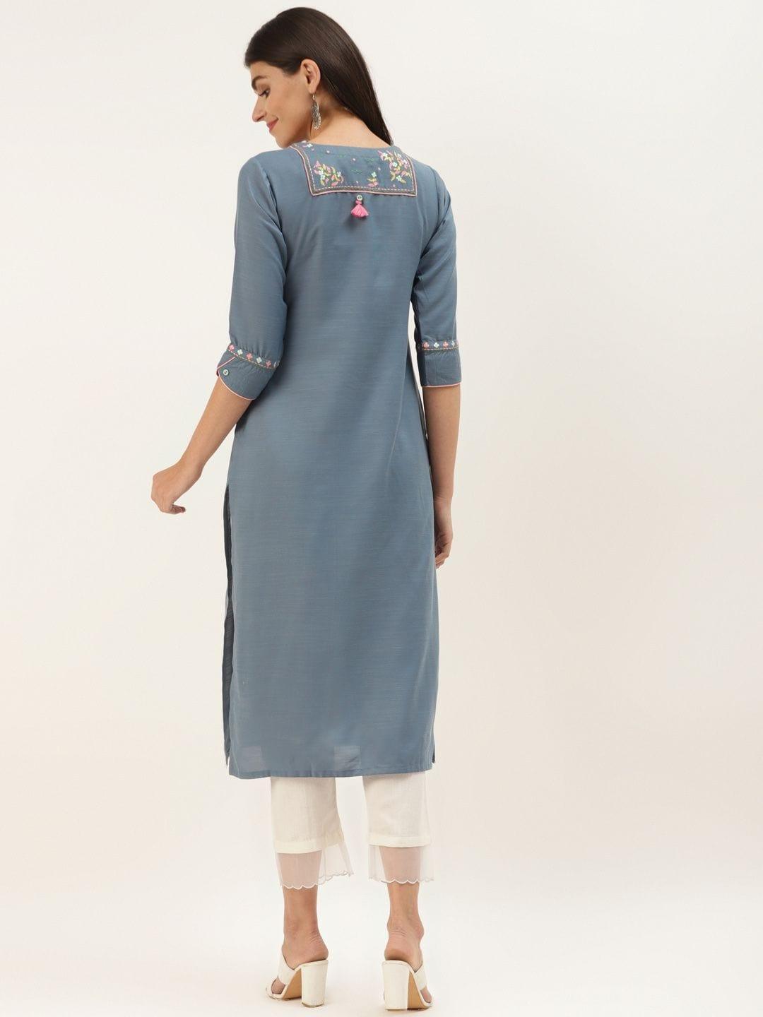 Blue Yoke Design Straight Kurta - Indiakreations