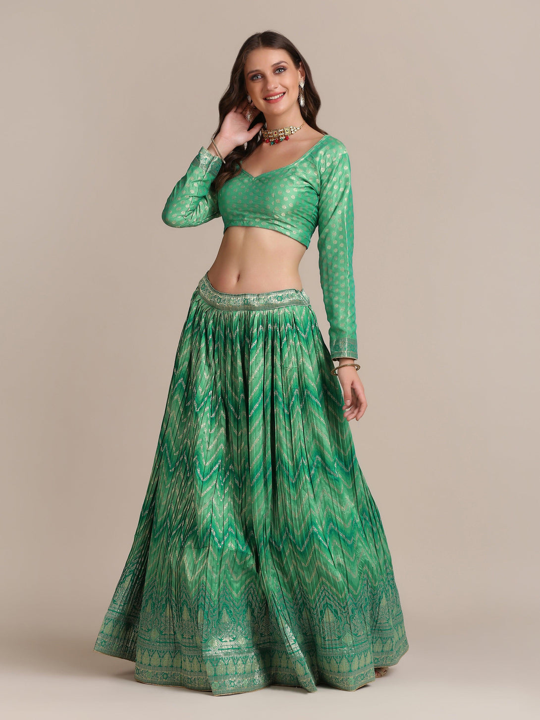 Green Gold Woven and Pleated Lehenga Choli - Indiakreations