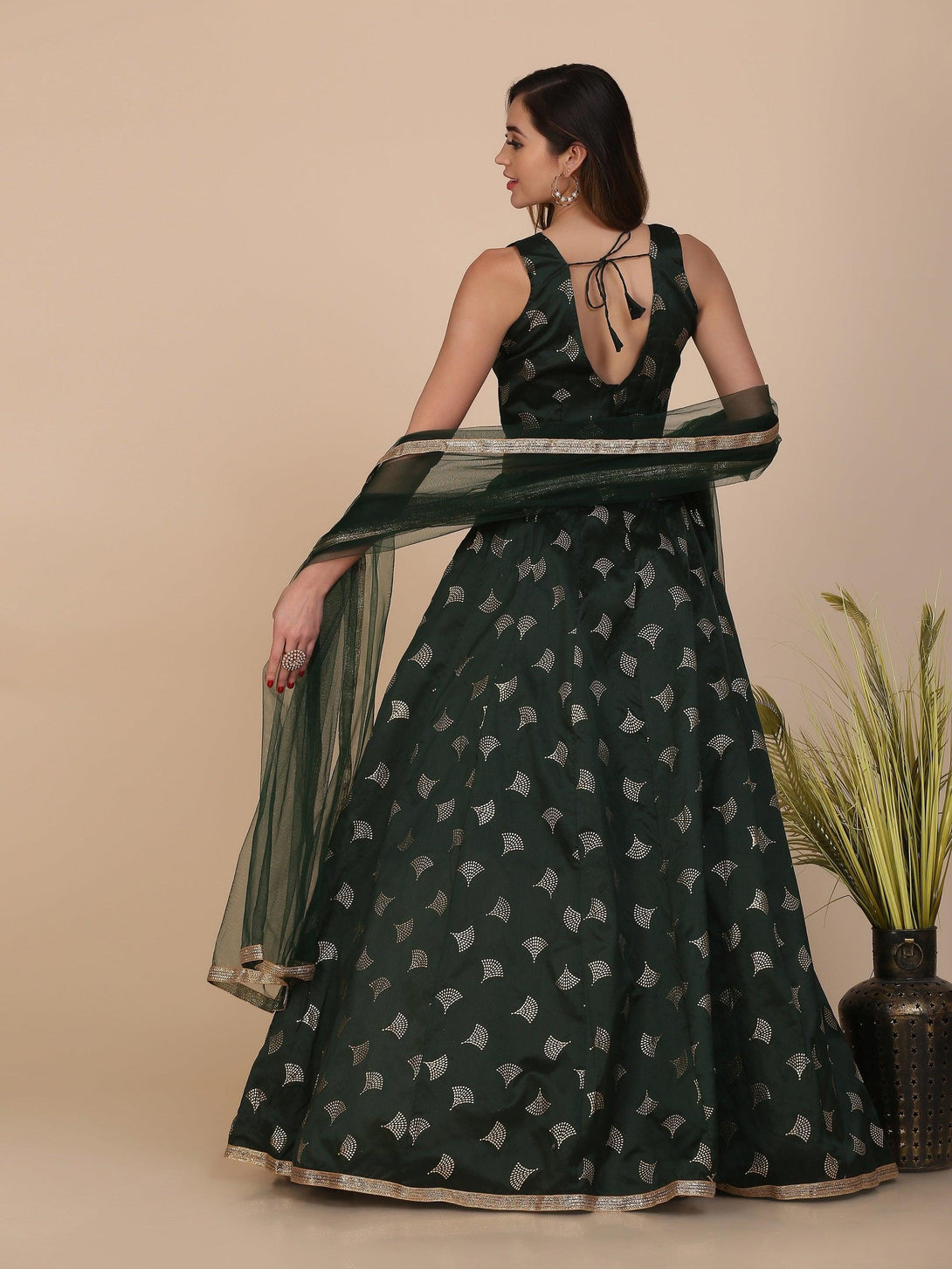 Green Taffeta Silk Lehenga Choli with Foil Work - Indiakreations