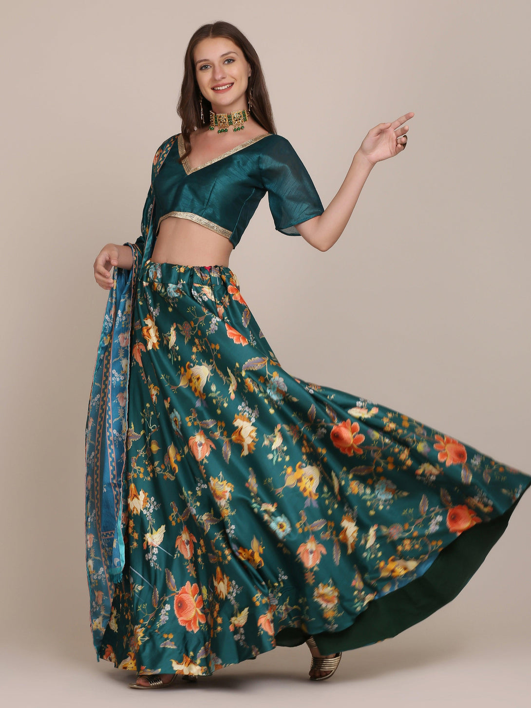 Sea Green Floral Print Banglory Silk Lehenga Choli - Indiakreations