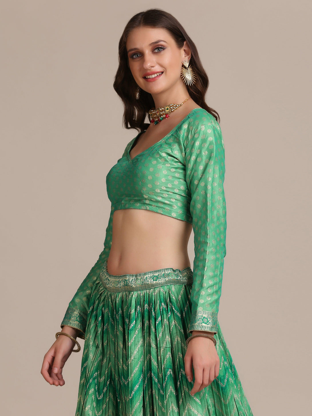 Green Gold Woven and Pleated Lehenga Choli - Indiakreations