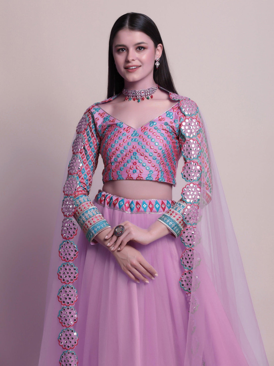 Lavender Net Lehenga Choli with Mirror-Work - Indiakreations