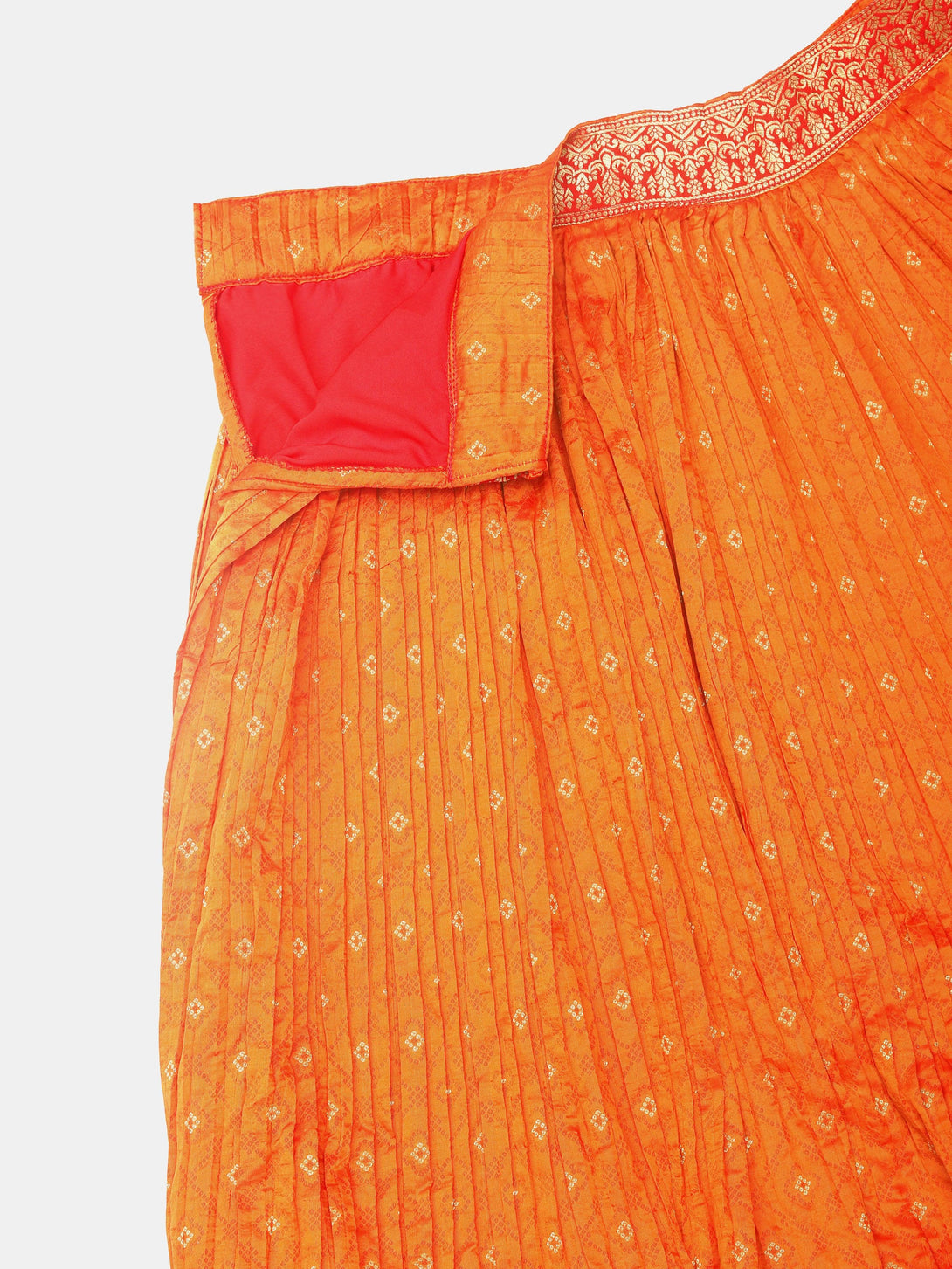 Orange Gold Woven Pleated Lehenga Choli in Ethnic Pattern - Indiakreations