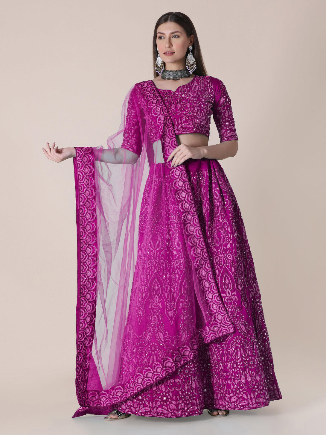 Purple Taffeta Silk Lehenga Choli with Floral Embroidery - Indiakreations