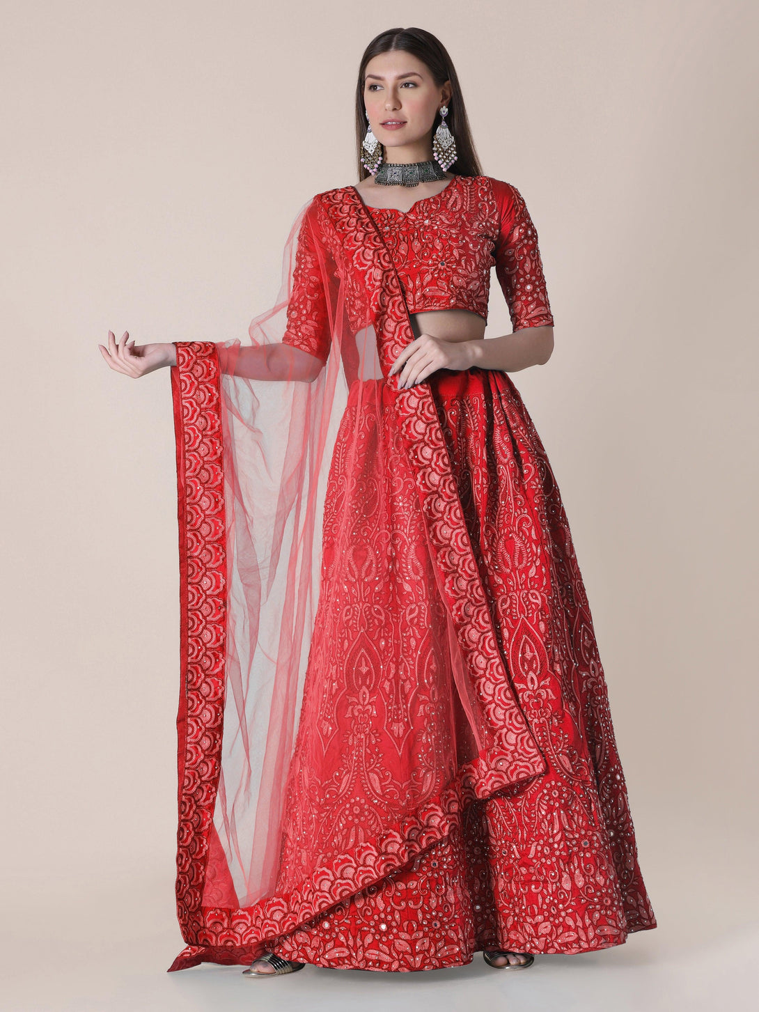 Red Taffeta Silk Lehenga Choli with Floral Embroidery - Indiakreations