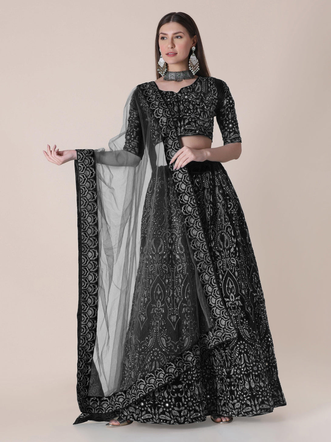 Black Taffeta Silk Lehenga Choli with Floral Embroidery - Indiakreations