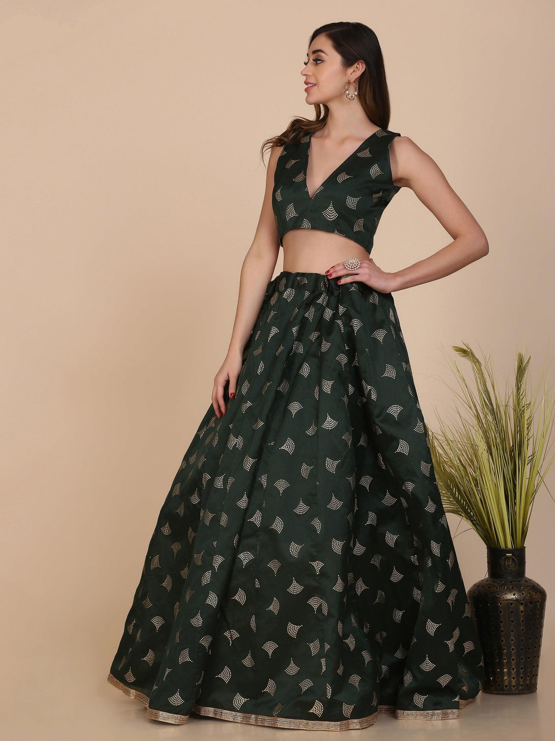 Green Taffeta Silk Lehenga Choli with Foil Work - Indiakreations