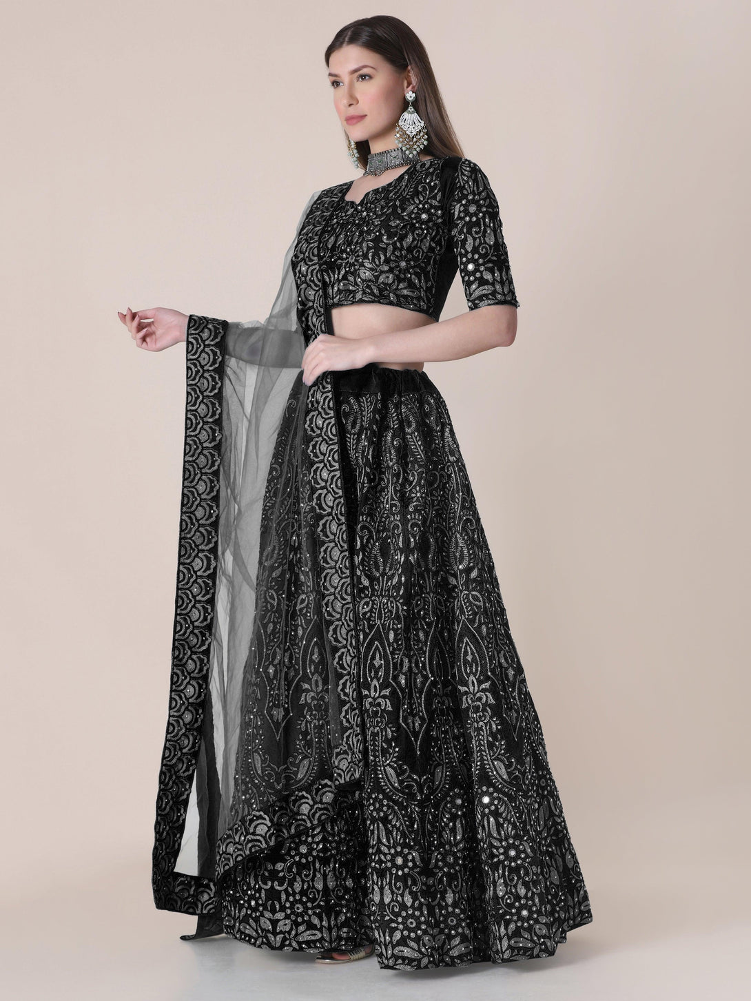 Black Taffeta Silk Lehenga Choli with Floral Embroidery - Indiakreations