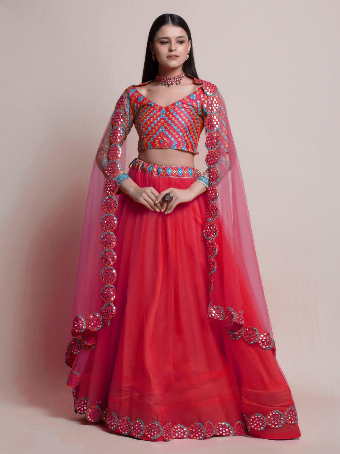 Red Net Lehenga Choli with Mirror-Work - Indiakreations