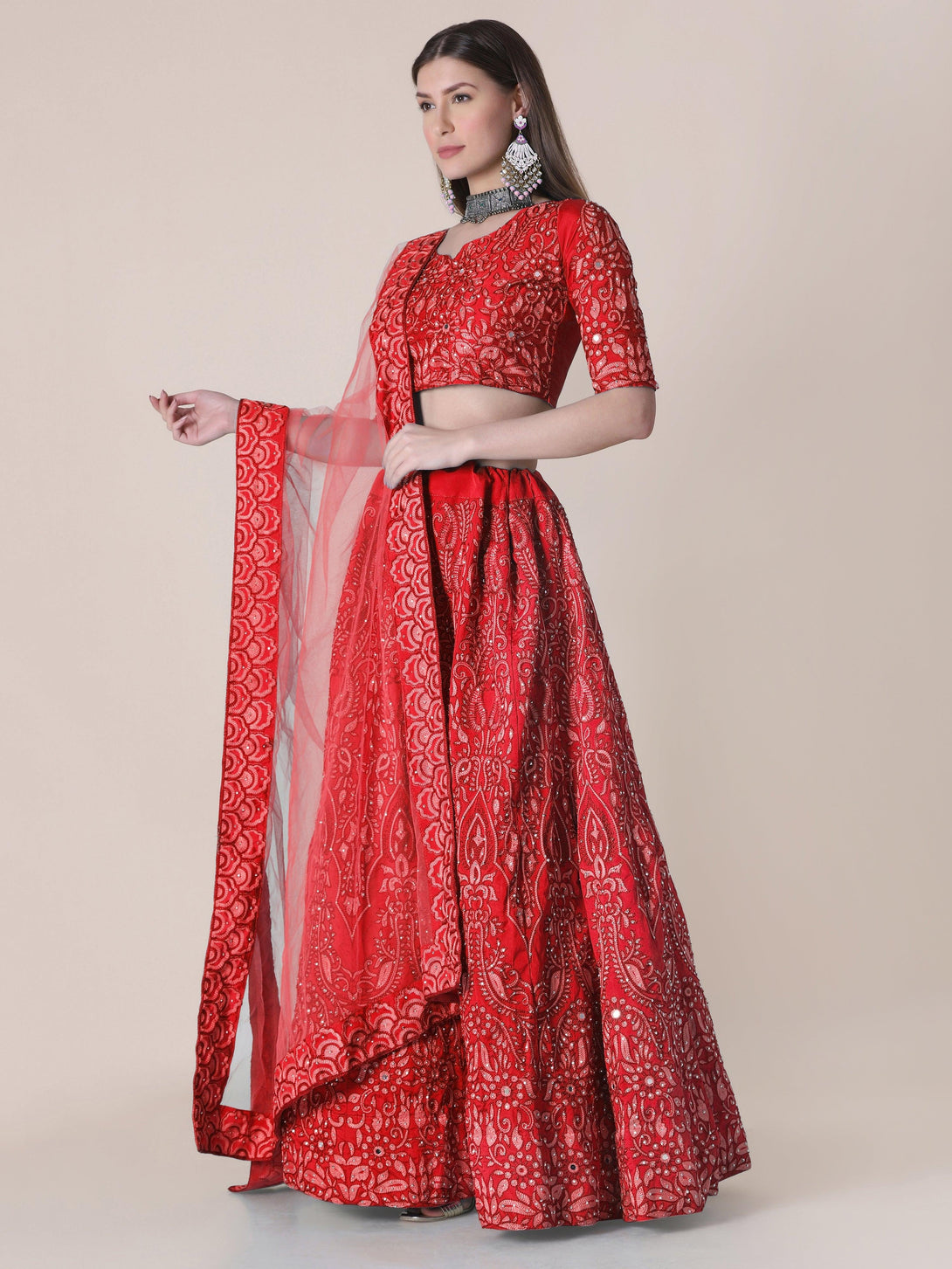 Red Taffeta Silk Lehenga Choli with Floral Embroidery - Indiakreations