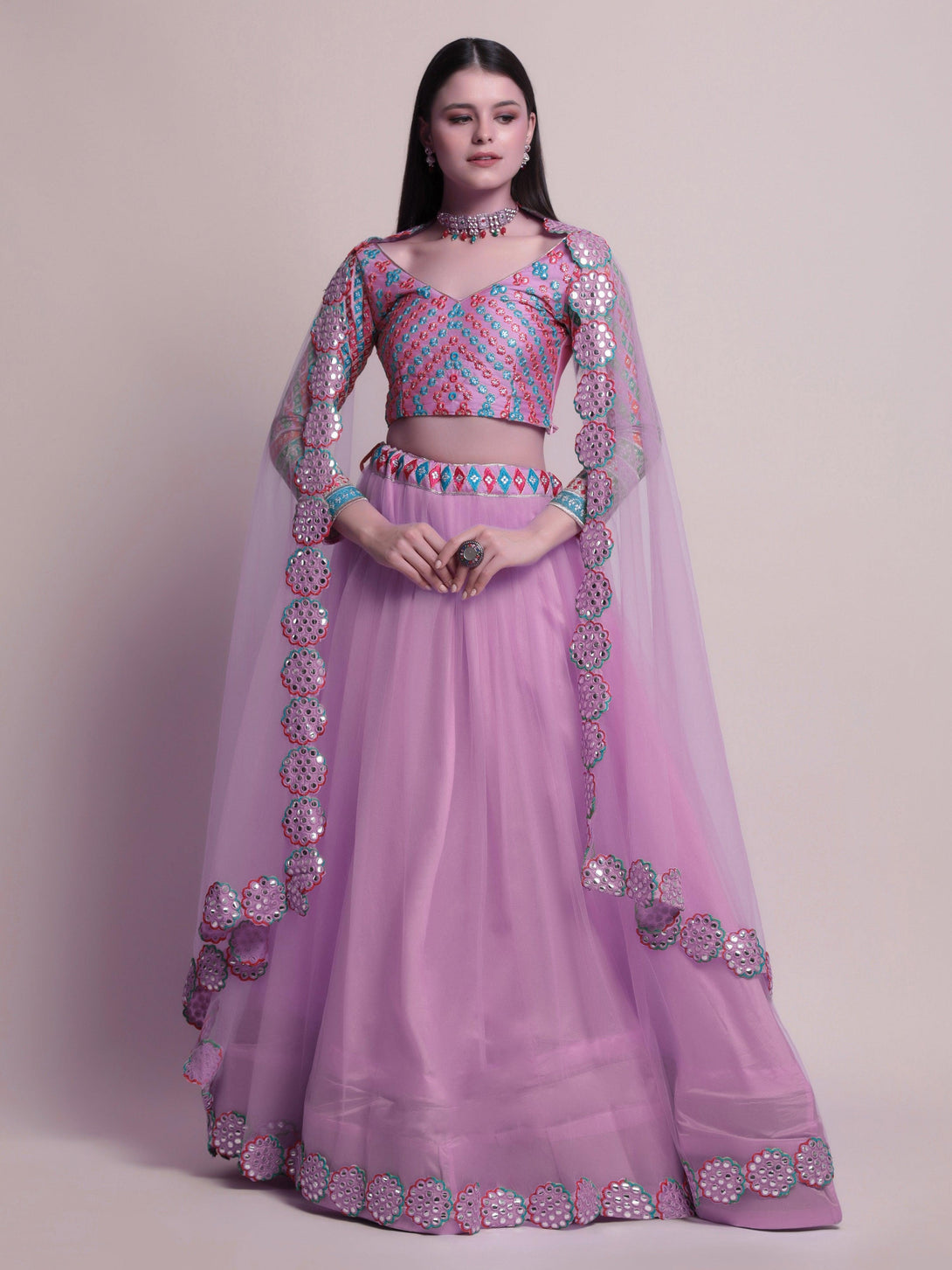 Lavender Net Lehenga Choli with Mirror-Work - Indiakreations