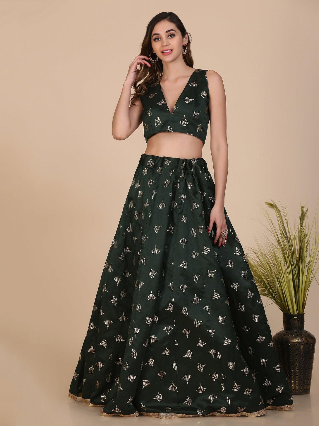 Green Taffeta Silk Lehenga Choli with Foil Work - Indiakreations