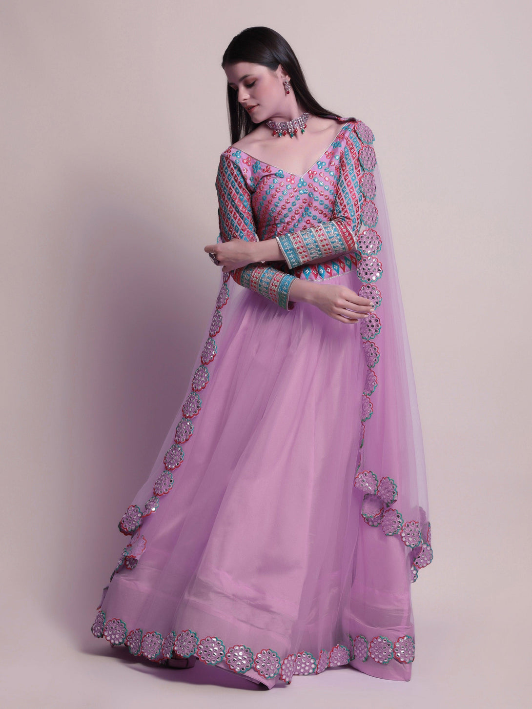 Lavender Net Lehenga Choli with Mirror-Work - Indiakreations