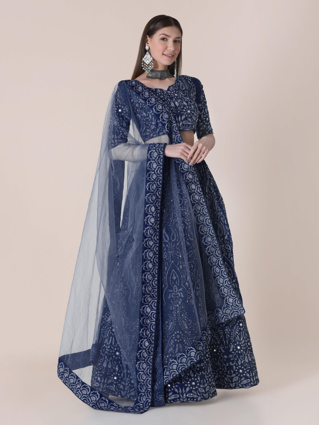 Blue Taffeta Silk Lehenga Choli with Floral Embroidery - Indiakreations