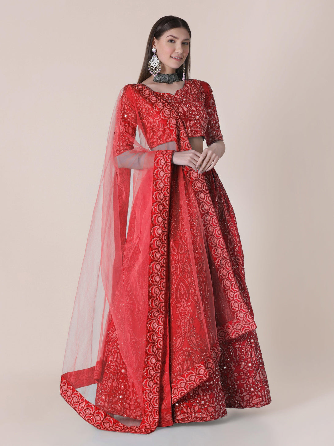 Red Taffeta Silk Lehenga Choli with Floral Embroidery - Indiakreations