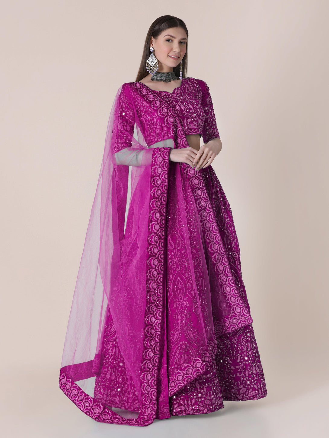 Purple Taffeta Silk Lehenga Choli with Floral Embroidery - Indiakreations