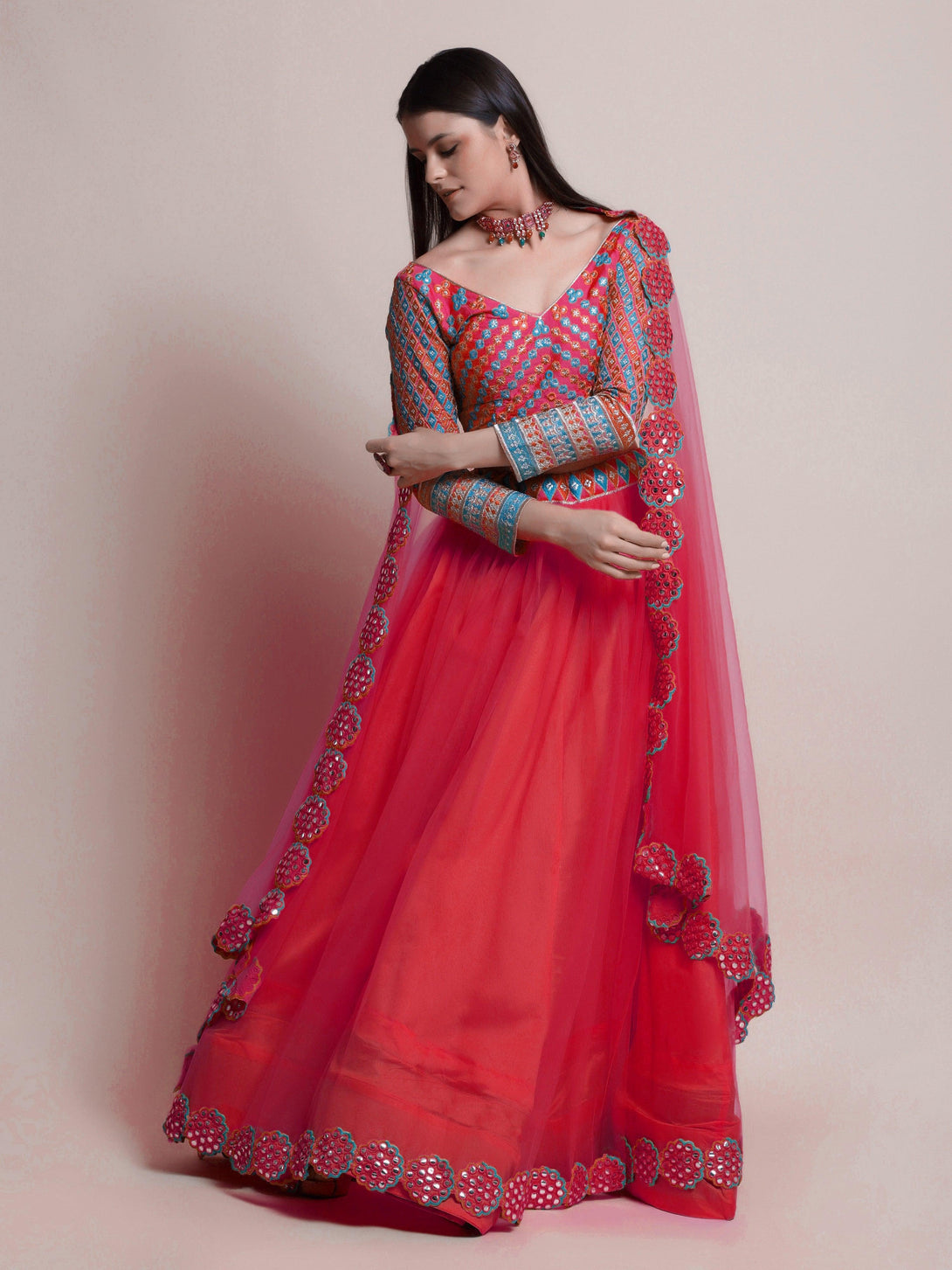 Red Net Lehenga Choli with Mirror-Work - Indiakreations