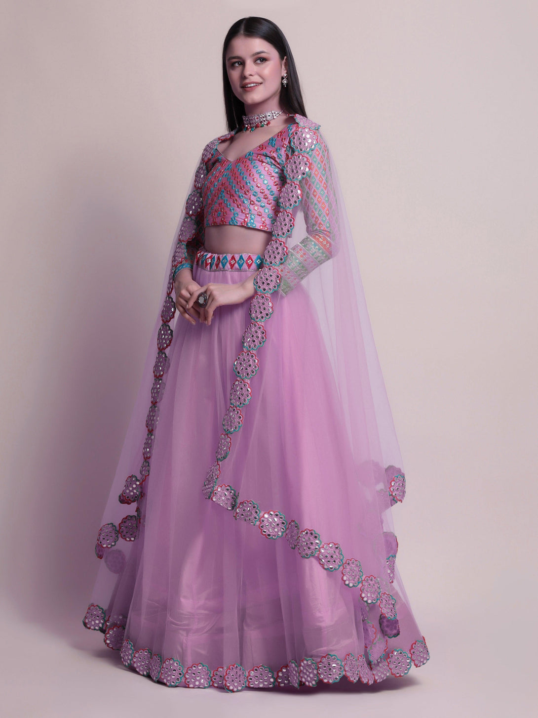 Lavender Net Lehenga Choli with Mirror-Work - Indiakreations