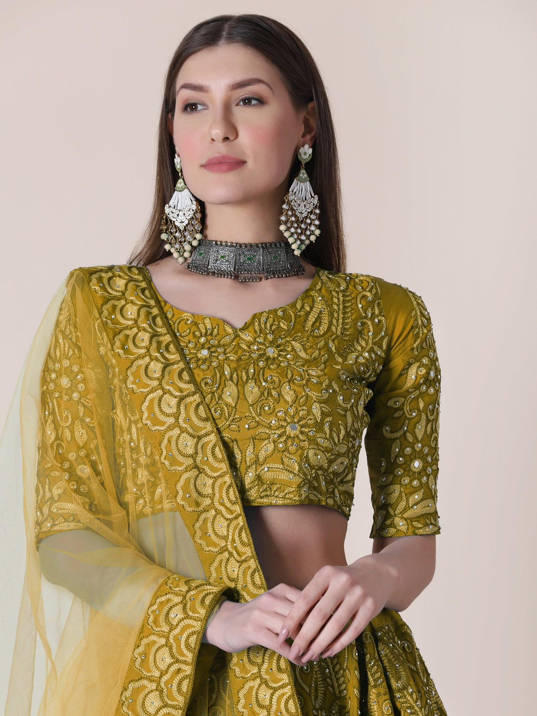 Yellow Taffeta Silk Lehenga Choli with Floral Embroidery - Indiakreations